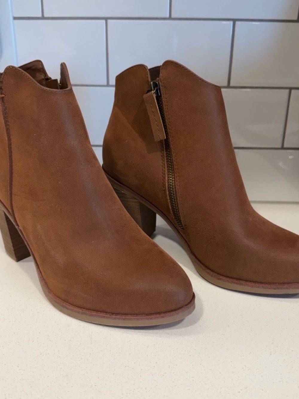 MIA Tan Suede Ankle Booties with Stacked Heel